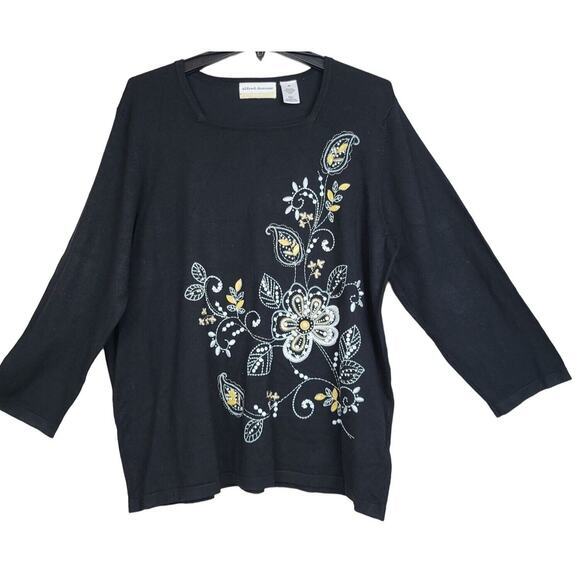 Alfred Dunner Sweater Floral‎ Embroidered Women 1X Square Neck Long Sleeve Black - Picture 4 of 9